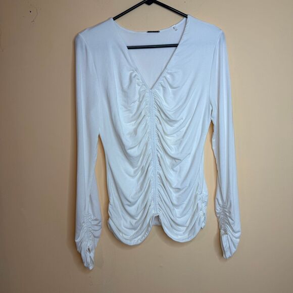 Elie Tahari Tops - Elie Tahari womens shirt Ruched V Neck Long Sleeve Knit Top sz Large white